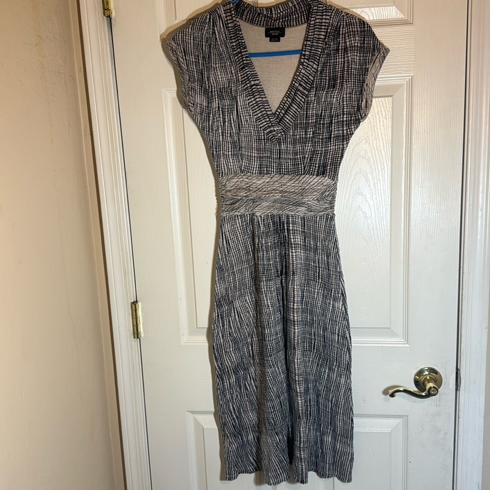 Deletta  Anthropologie‎ M Cream Blue Plaid Short Sleeve Jersey Knit Midi Dress